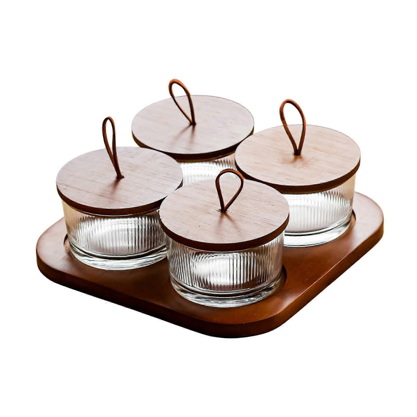 Wooden Snack Serving Tray Split Glass Fruit Tray for Fruit Nuts Snacks 4 grid