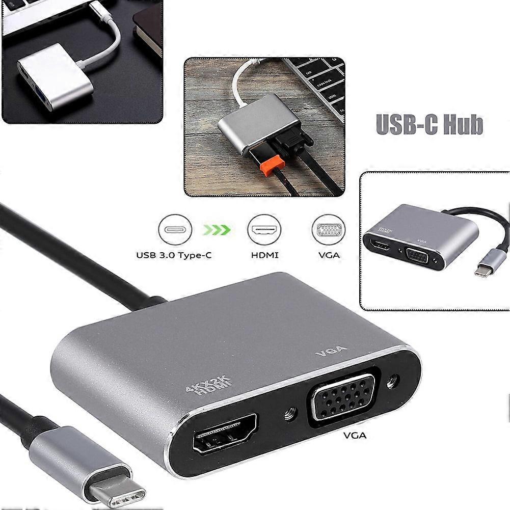 SUSUchens Universal USB 3.1 Type C to VGA compatible with-compatible 4K Converter Cable Adapter Cord Port HUB Silver