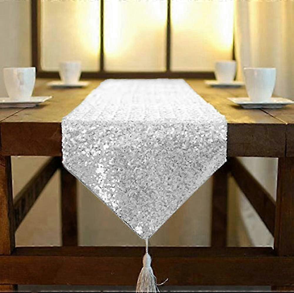 Festive table runner 12x108 inch silver with sequin tassel design