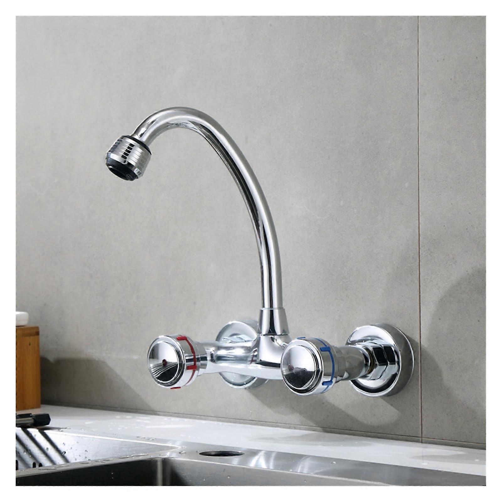 Wall Mounted Kitchen Faucet with Rotating Spout Dual Handles for Hot and Cold Water