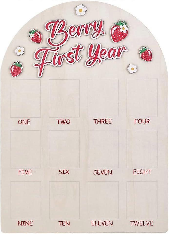 1Pc Strawberry First Year Photo Board 12 Months Photo Display Frame One Year Old Pictures Display Wood Board Monthly Milestone Frame for DIY Birthday 