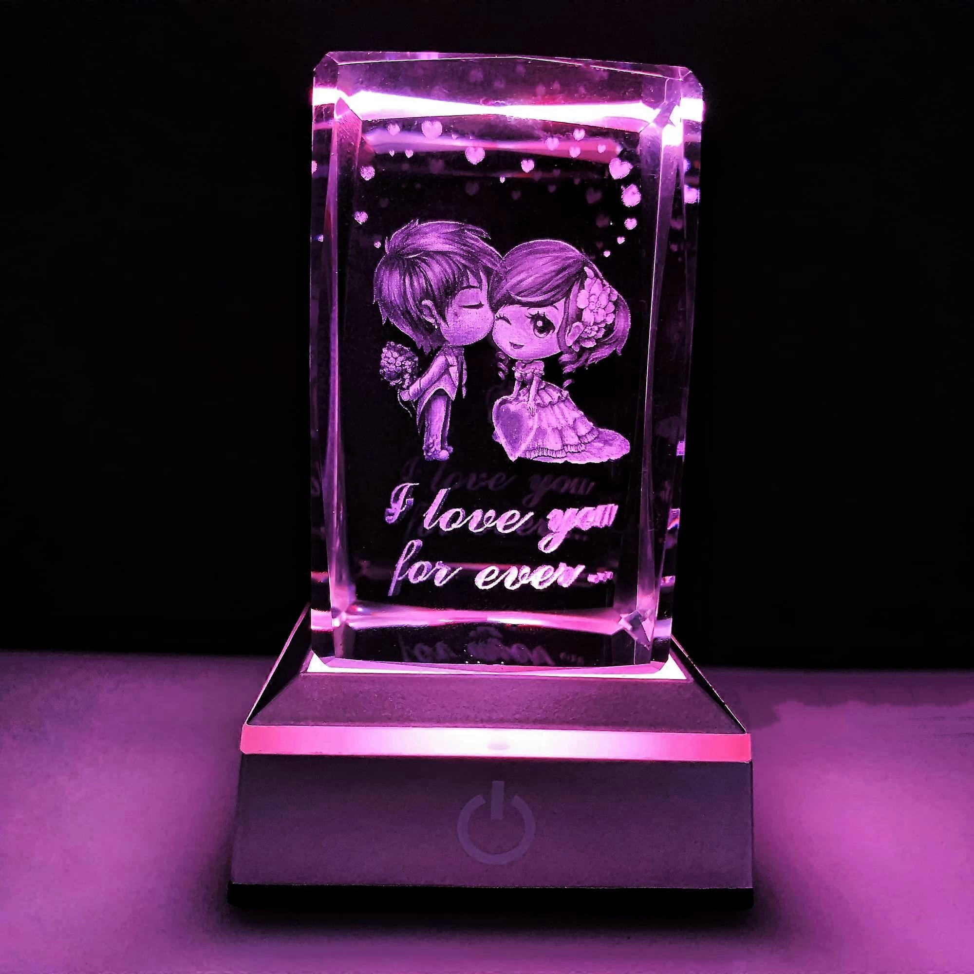 3D Crystal Rose Gift with ColorChanging LED Light, Laser Engraved Cube for Anniversary Birthday