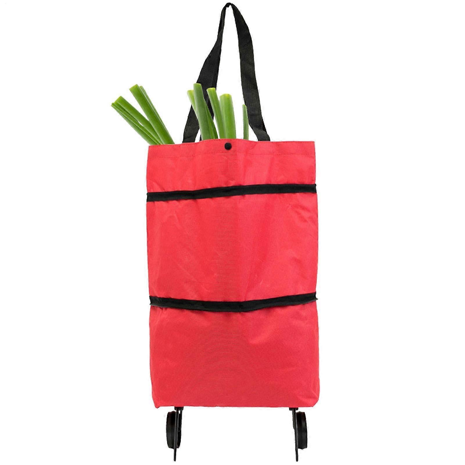 Shopping Bag With Wheels Foldable Oxford Cloth Grocery Cart With TwoTier Zipper Red Reusable Grocery Tote For Travel