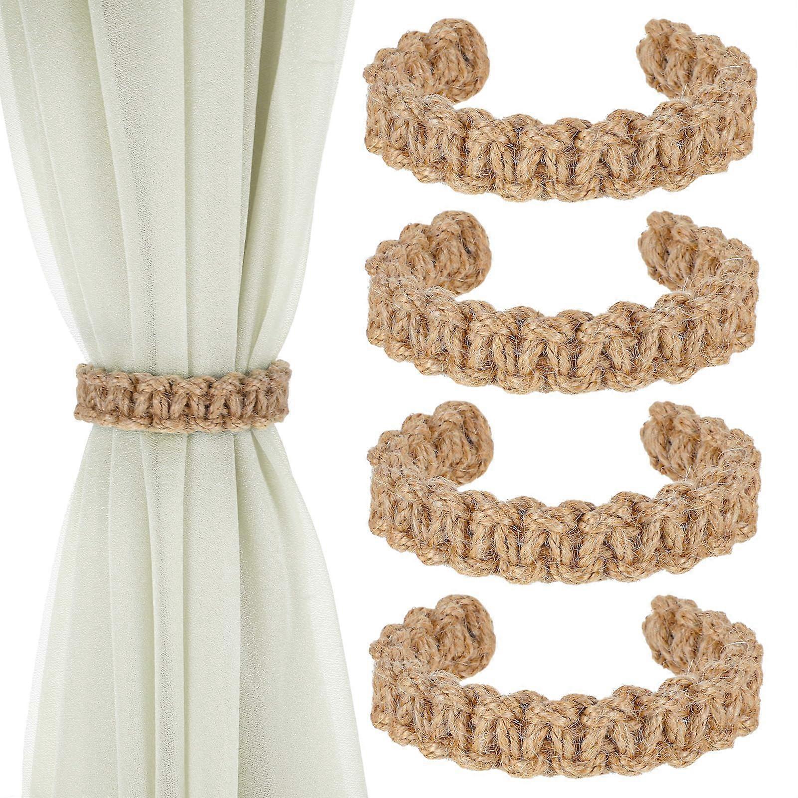 4 Pack Boho Curtain Tiebacks with Rustic Braided Design, Adjustable No Hardware Holdbacks for Home and Outdoor Drapes