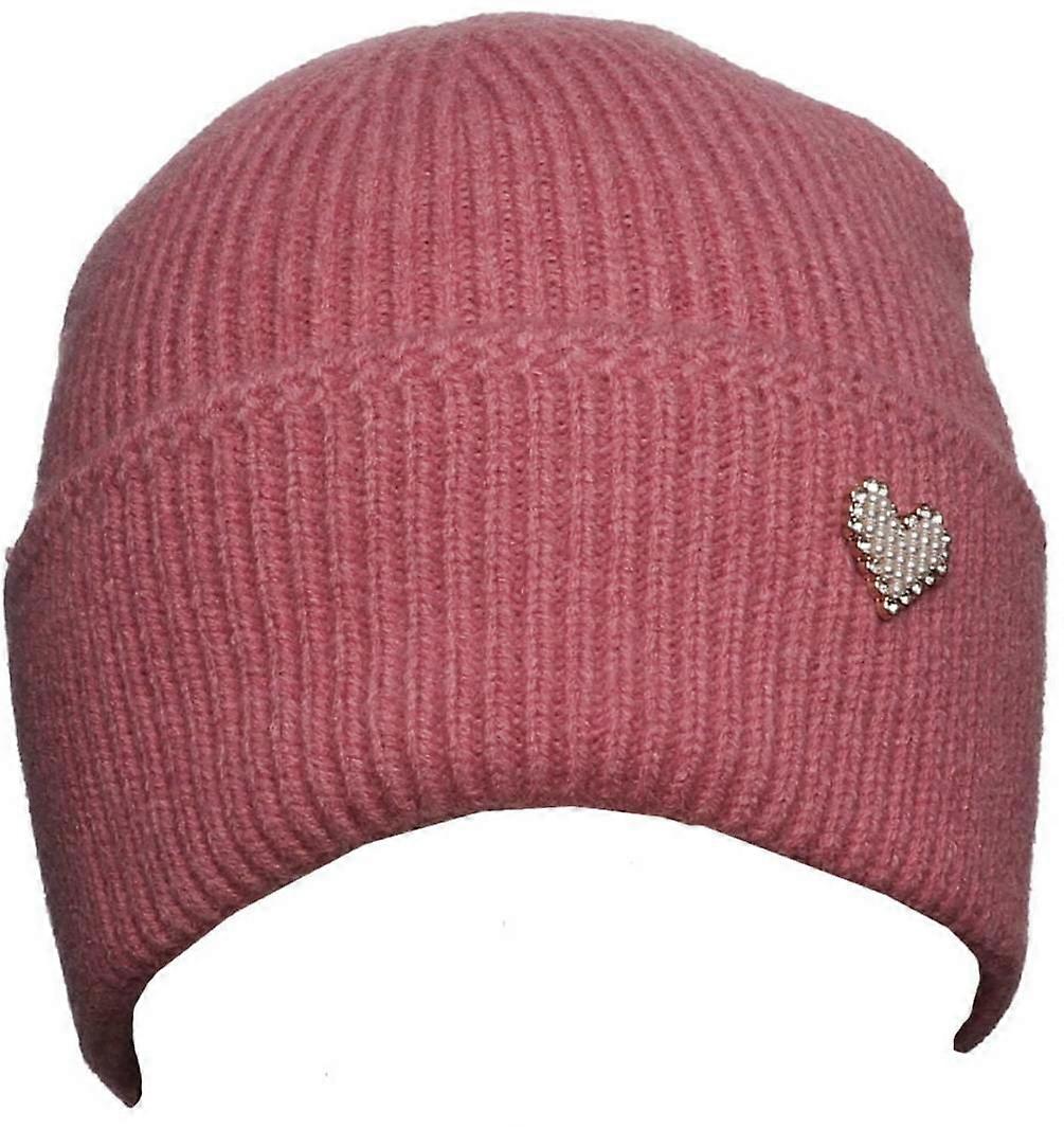 Zelly Heart Brooch Beanie Hat - Pink
