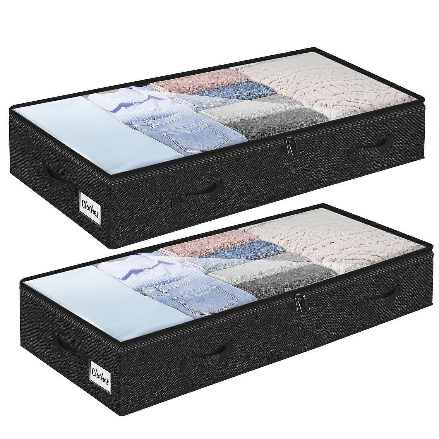 2 Pack 100L Extra Large Under Bed Storage Containers with Clear Lid, Foldable Organizer for Clothes and Blankets, Black