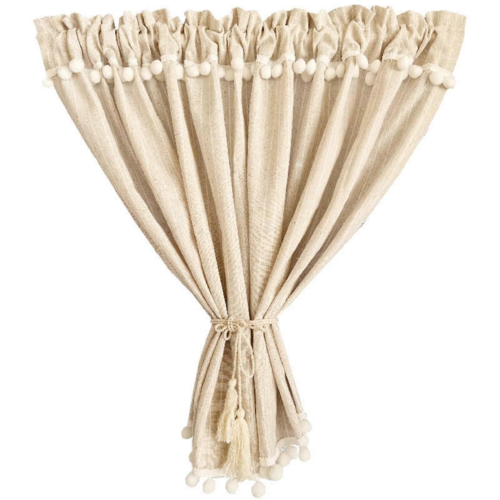Beige Blackout Curtains 53x51 Inch Polyester Panels with Stripes and Pompoms for Small Windows