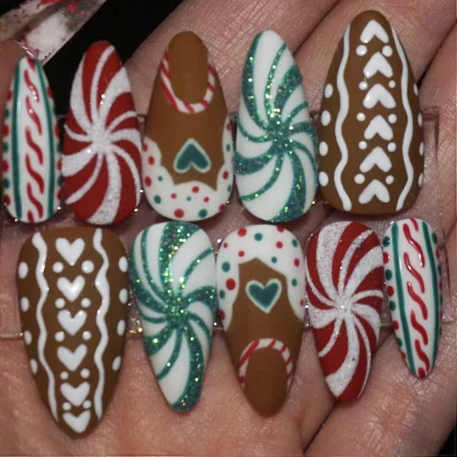 Christmas Press On Nails Set Red and Green Glitter Spiral Medium Almond Shape Full Coverage