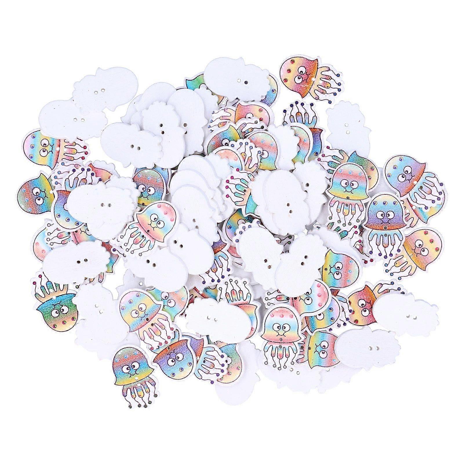 100Pcs  Buttons JellyfishPattern Colored Wood Button Clothes Decoration Accessory