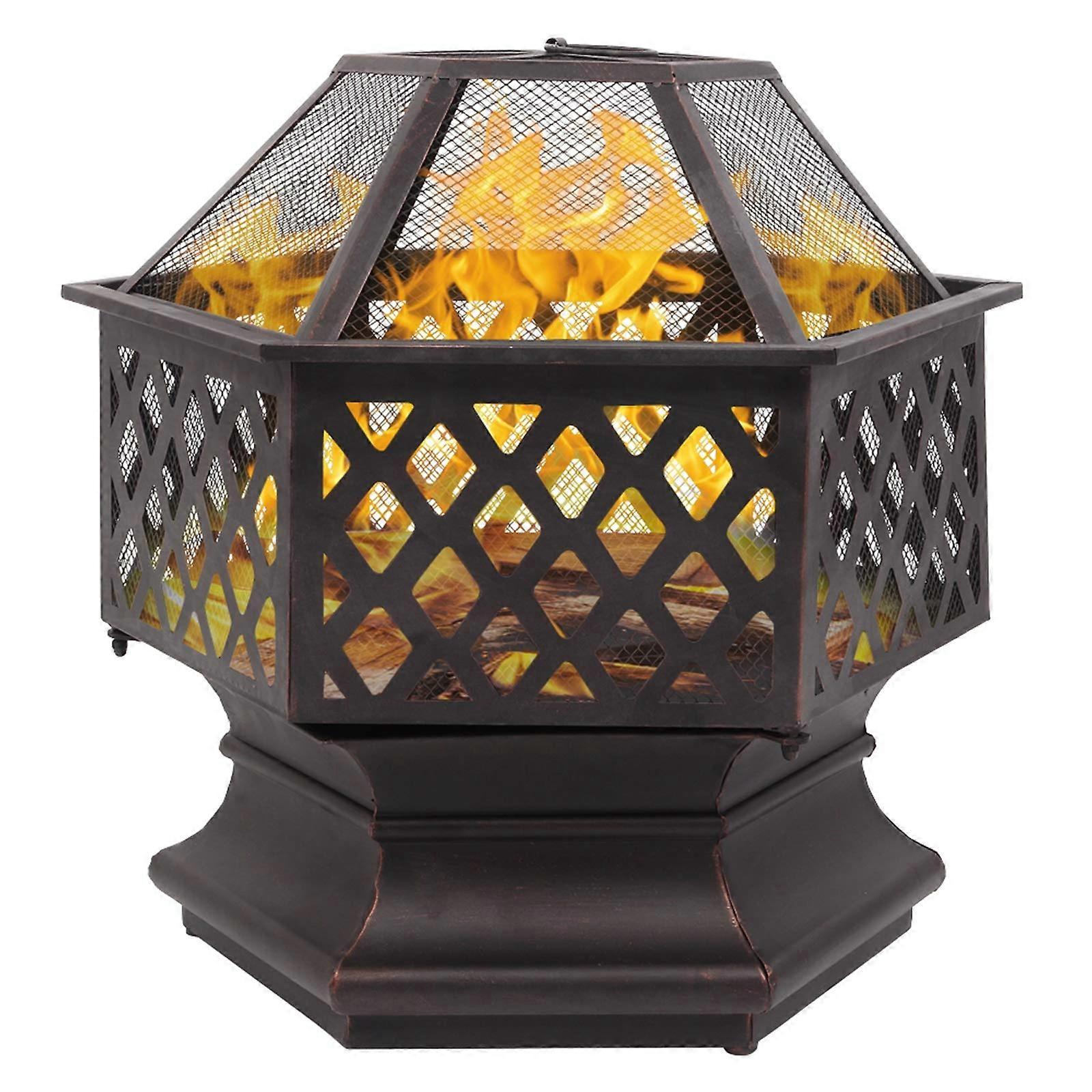 22 Inch Hexagonal Iron Wood Burning Fire Pit with Spark Screen, Rustic Bronze Outdoor Brazier for Backyard
