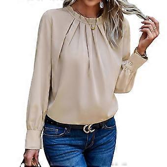 Damestops, elegante blouses met lange mouwen, ruches en ronde hals, zakelijke casual blouses, tuniektops, kaki
