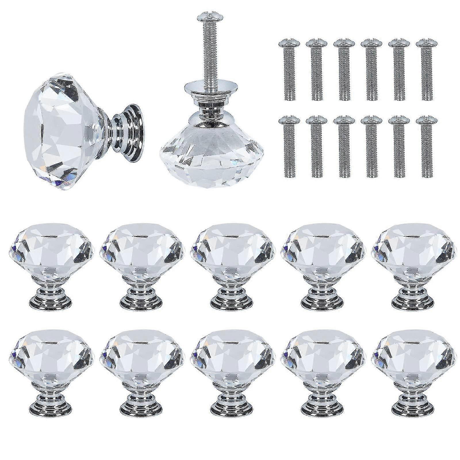 12 Pieces 30mm Crystal Glass Door Drawer Knobs, Clear Diamond Door Knobs And Handles, Single Hole Drawer Knobs