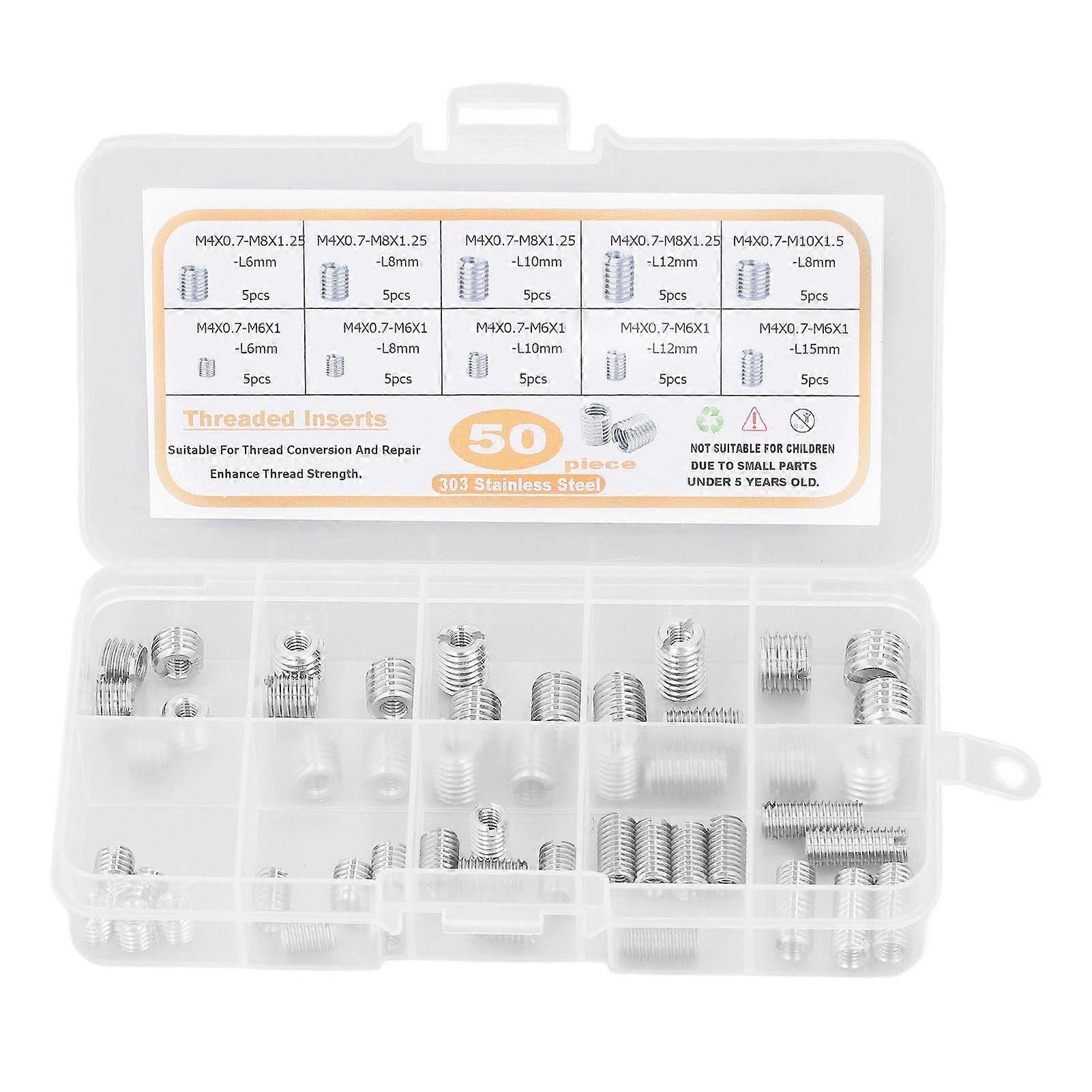 50Pcs Threaded Inserts 303 Stainless Steel Thread Insert Assortment Kit with Storage Box Silver