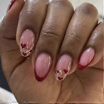 24Pcs Valentines Day False Nail Short Almond French Tip Press On Nail with Heart Glittering Glossy Designs Stick On Nail