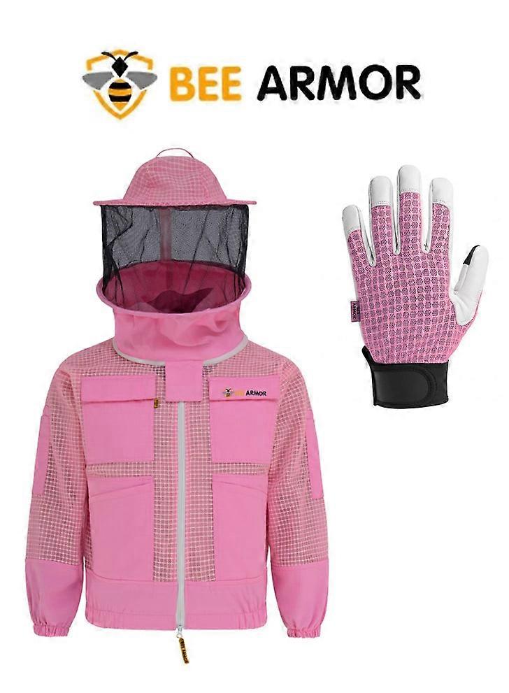Bee Keeping 3-layer Jacket Rounded Veil In Pink Color  With  Free Gloves (bee Armor)