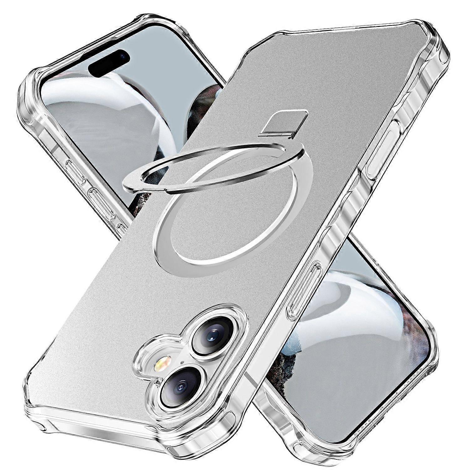 For Apple iPhone 16 Plus Solid Color Wave Design MagSafe Ring Holder Case Silver