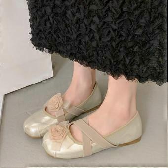 Vintage Flower Cross Lace-Up Single Shoes Summer Round Toe Shallow Mouth Non-Slip Wear-Resistant Flat Ballet Shoes for Women