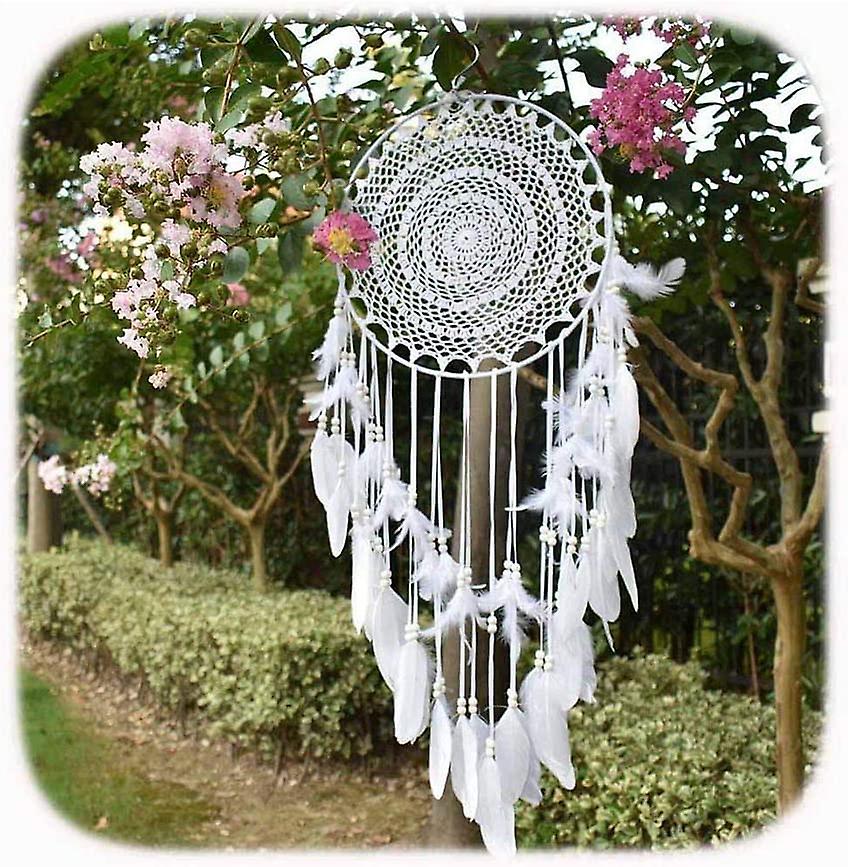 Grande Acchiappasogni in stile Boho con piume bianche, Macram da appendere da parete per matrimoni a tema vintage o decorazioni per la casa, cerchio diametro 35 cm, 115 cm 