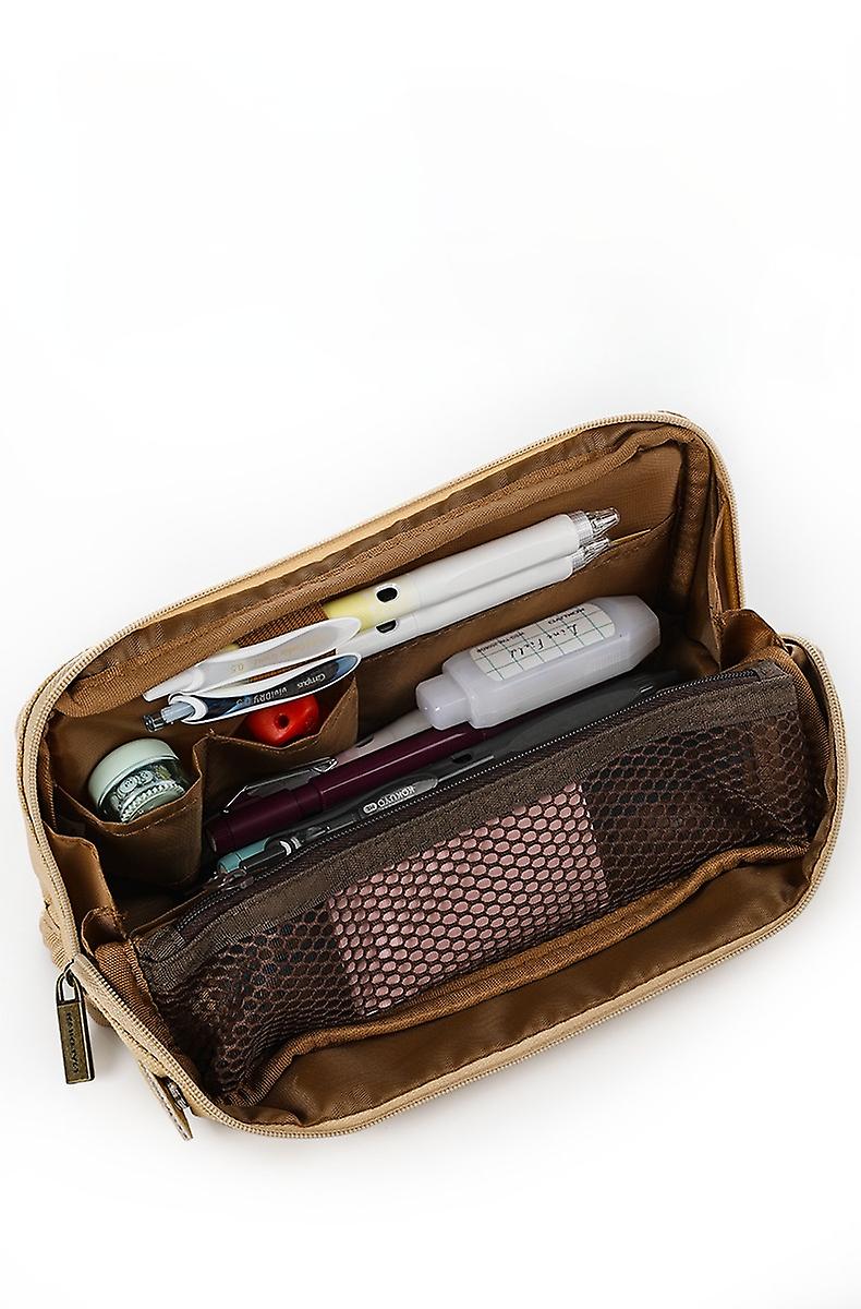 Student Vertical Canvas Stationery Box Storage Bag Multi-layer Portable Brown
