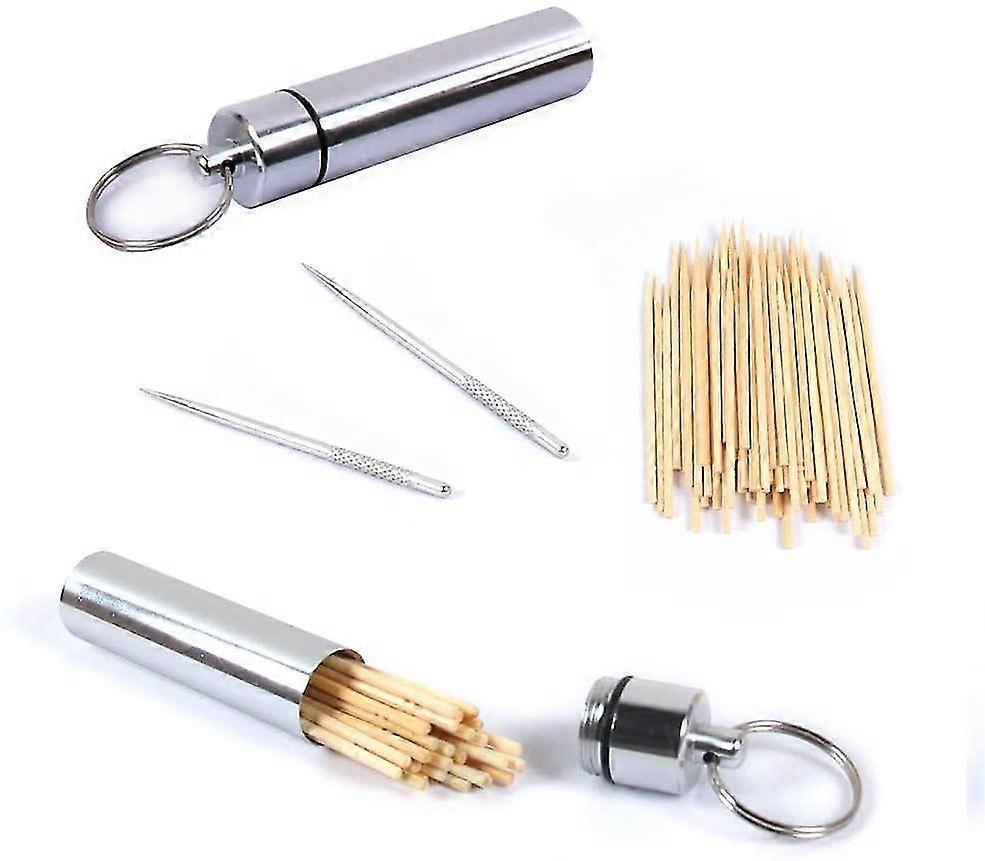 2 Pieces Metal Toothpicks Portable Titanium Toothpick Case With Keychain