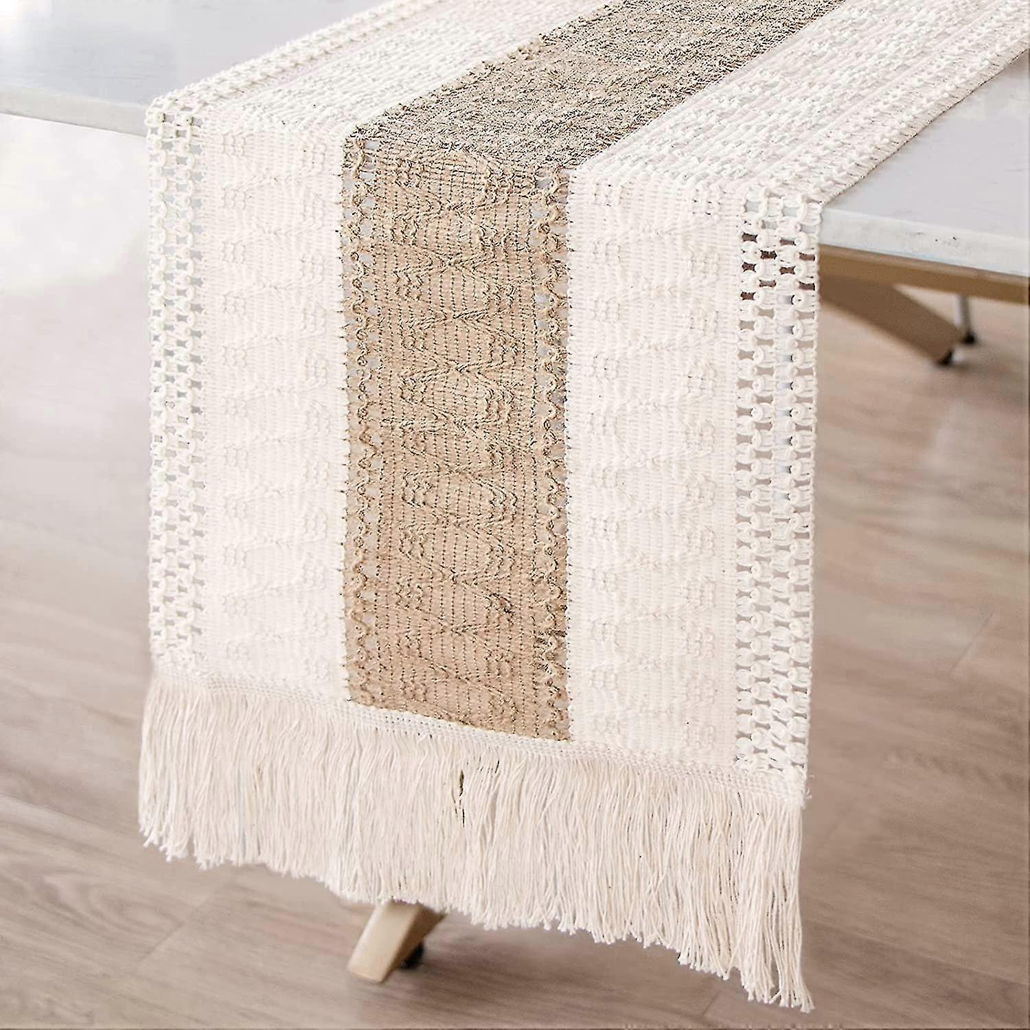 Macrame Table Runner Farmhouse Style, Natural Burlap Boho Table Runner Modern Farmhouse Decor Rustic Woven Cotton Crochet Lace For Bohemian, Rustic