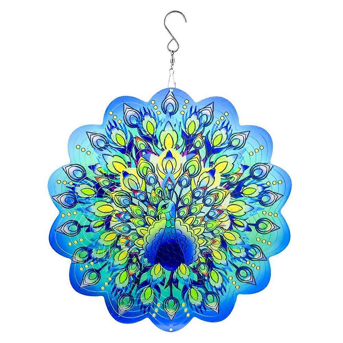 3D Wind Spinner Peafowl 12Inch Garden Laser Cut Hanging Wind Spinners Metal Kinetic Art Deco Indoor