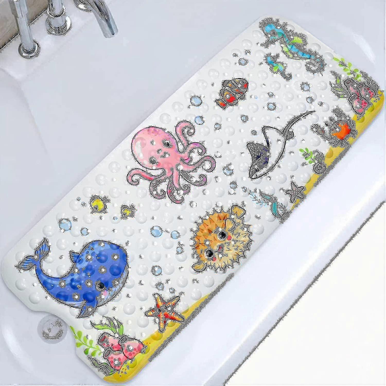 Mnの滑り止めバスマット100x40cm、滑り止めバスタブマット200サクションカップPVC素材、子供と赤ちゃんのための漫画の海の動物とシャワーマット-