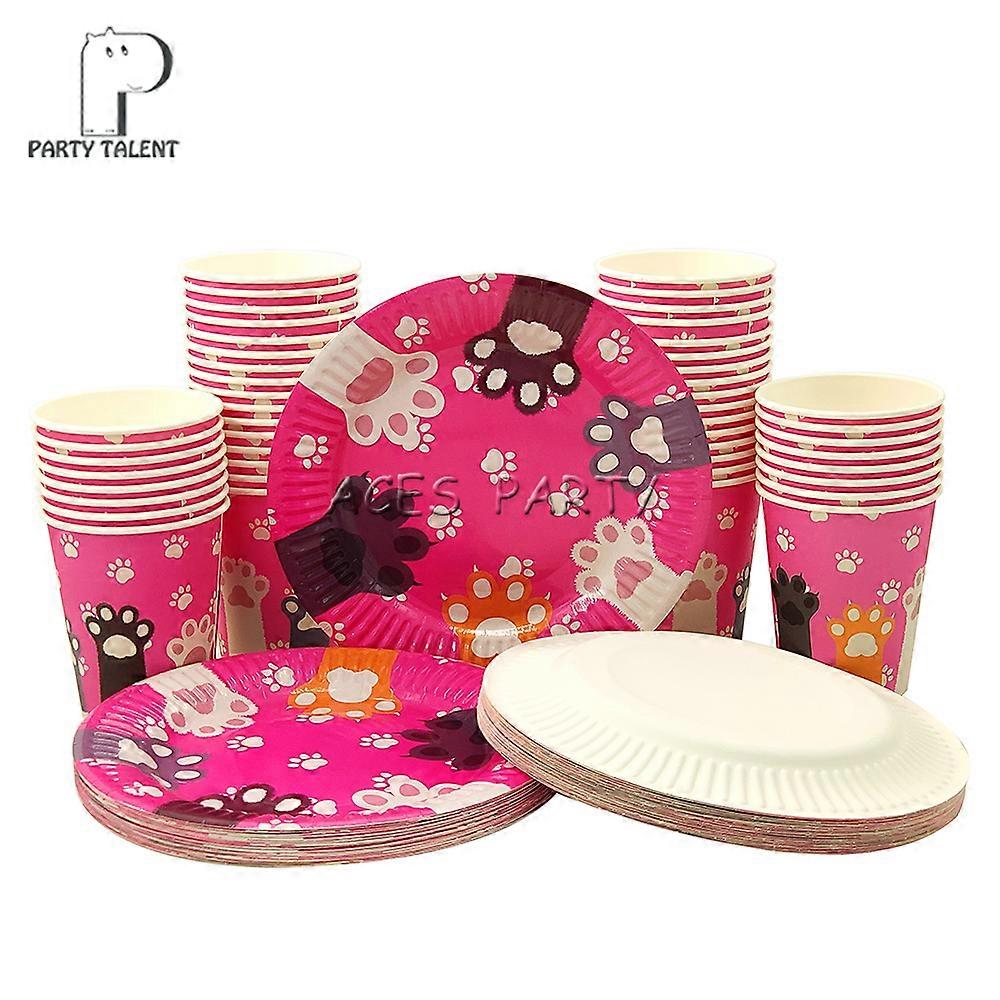 Party supplies 96pcs pet cat footprint party kids birthday party tableware set, 48pcs dessert plates dishes + 48pcs cups glasses