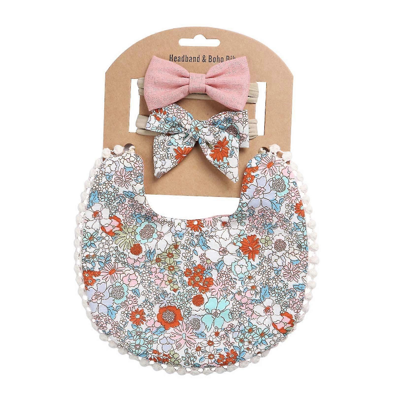 Toddler Baby Plaid Print Linen Cotton Double Sided Saliva Headband Set