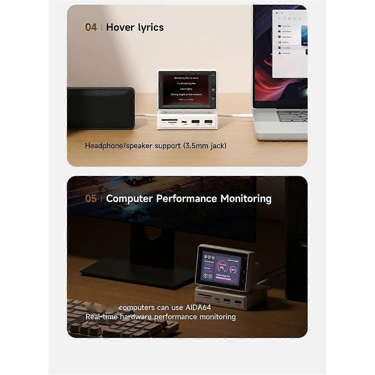 3.5Inch Mini PC Monitor with USB C Docking Station USB-C and -Compatible Monitor 480 Resolution for Laptop PC