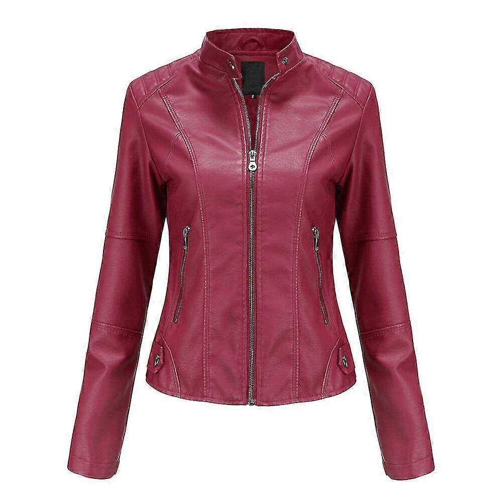VAWAN Womens Casual Zipper Down Stand Collar Leather Jacket