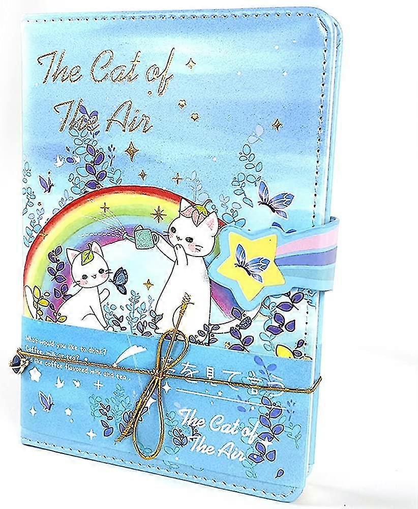 Student Cute Cartoon Cat Of Air Pattern Notebook Japanese Sketchbook With Gold Plated Leather Cover Journal Diary Notepad (dark Blue)