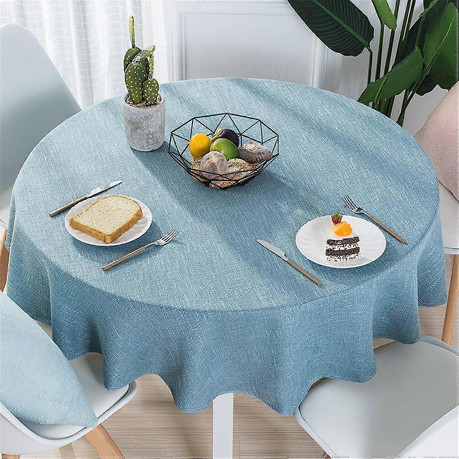 Cotton Linen Solid Color Tablecloth Round Simple Style Table Cover for Kitchen Dining ( bule, Round - 70 Inch )