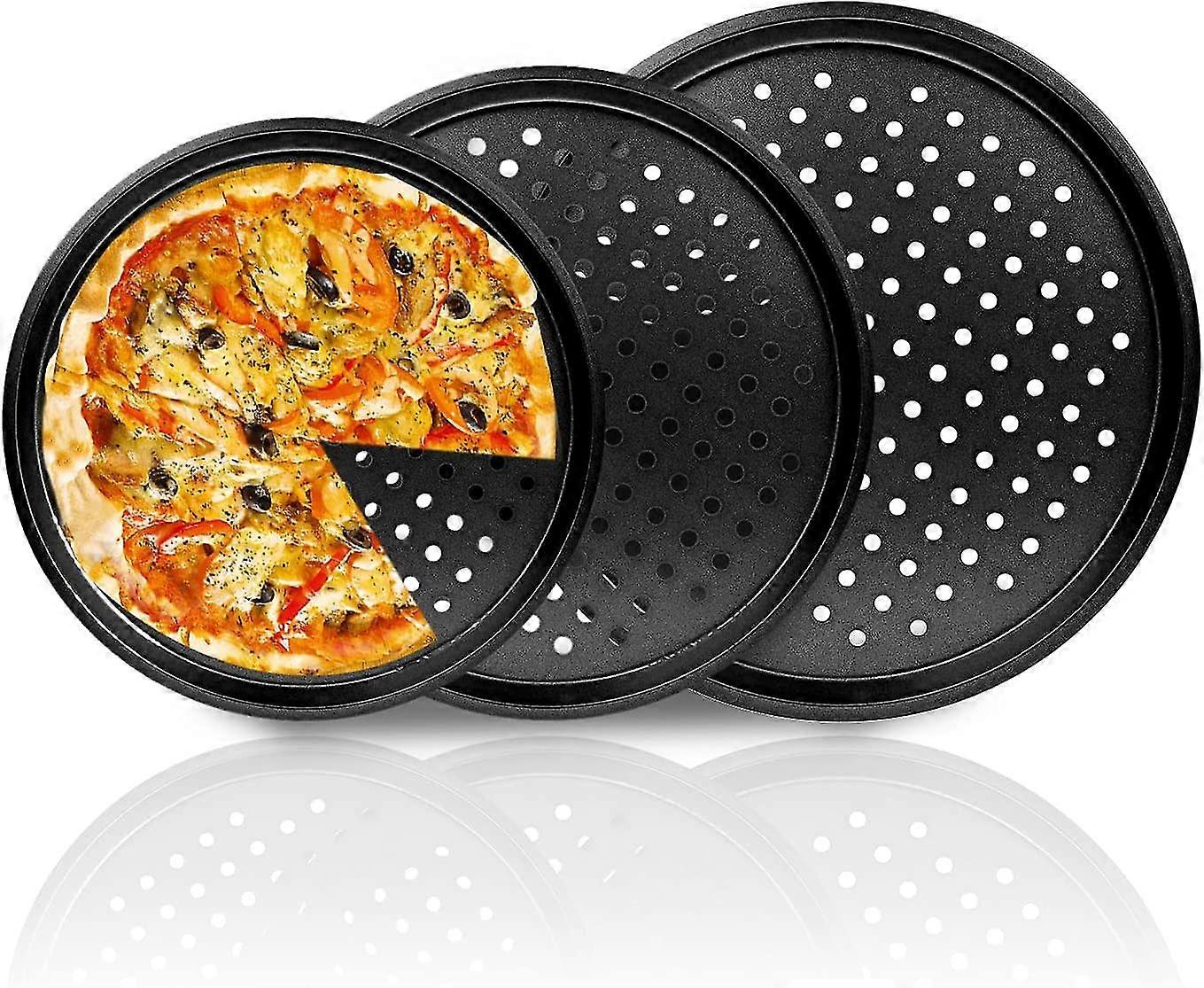 طقم من 3 مقالي بيتزا دائرية مثقوبة 26 سم / 28 سم / 32 سم أواني بيتزا كربونية ستيل غير لاصقة
