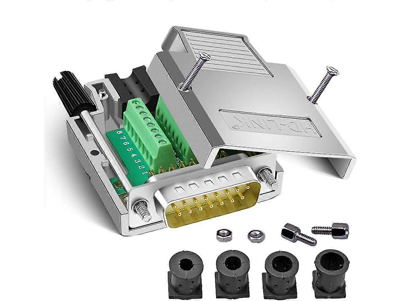 DB15 Solderless Serial to 15-pin Port Terminal Adapter Connector Breakout Board with Case Long Bolts Nuts (Male Metal)