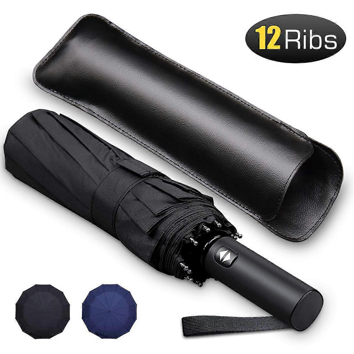 12 Ribs Windproof Travel Umbrella with Teflon Canopy Lengthened Handle with Auto Open Close Button Compact Protection from Rain, Free Upscale Leather 