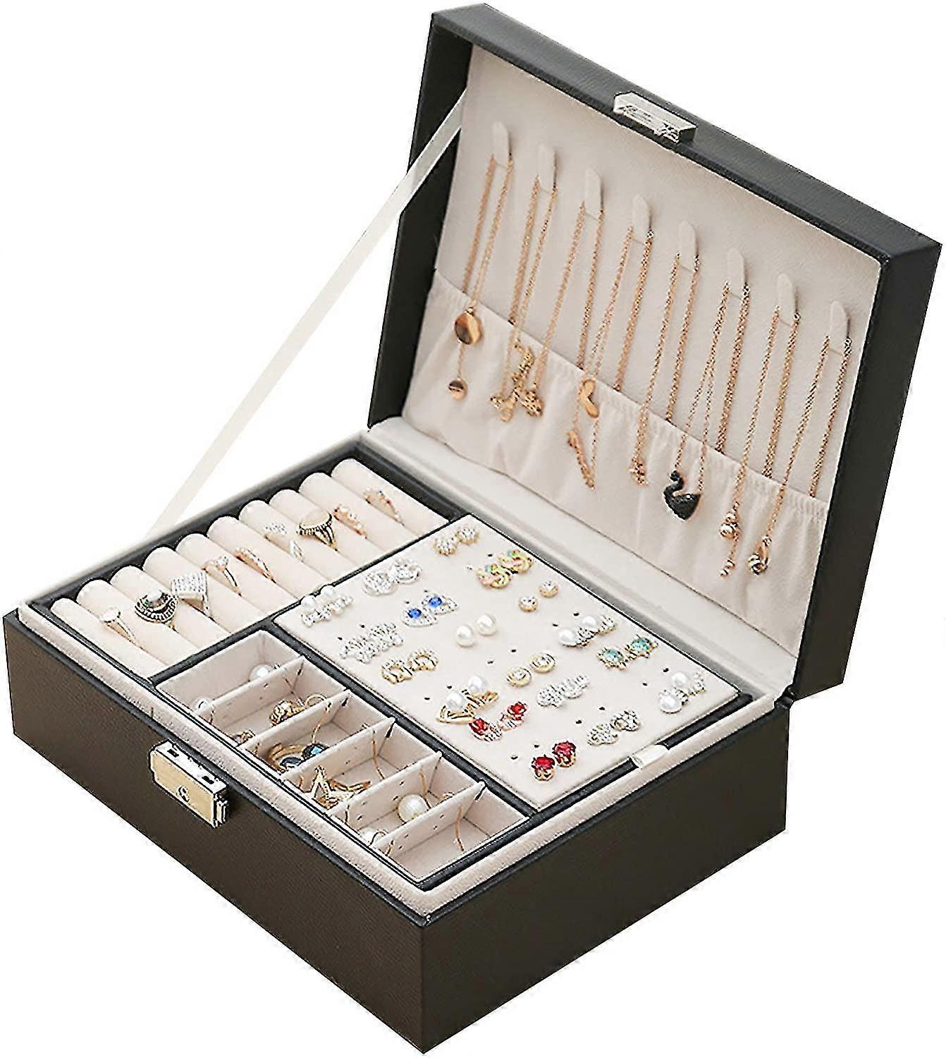 Caja de joyas bloqueable de doble capa Pu Leather Removable Partition