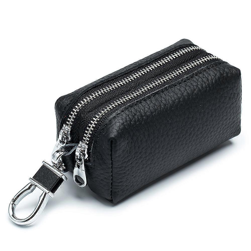Genuine Leather Car Key Case, Unisex Double Zipper Keychain Wallet Coin Purse Bag with Metal Hook