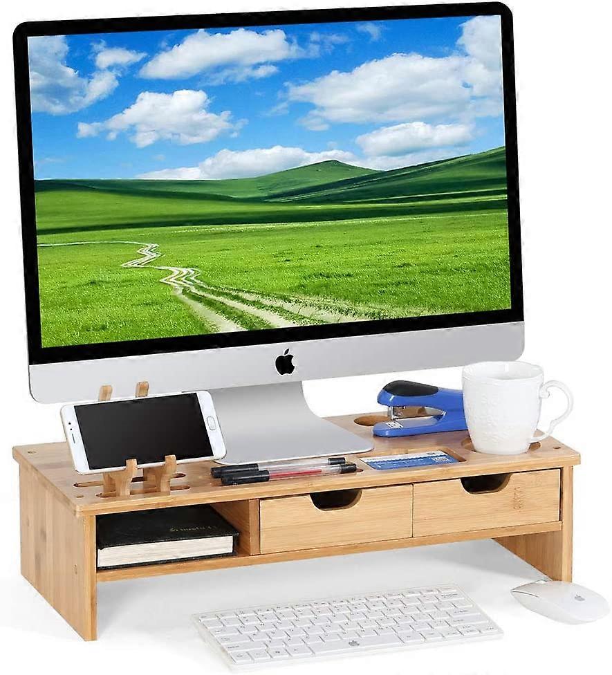 Monitor Stand Riser with Storage Organizer Drawers Bamboo, Natural Brown