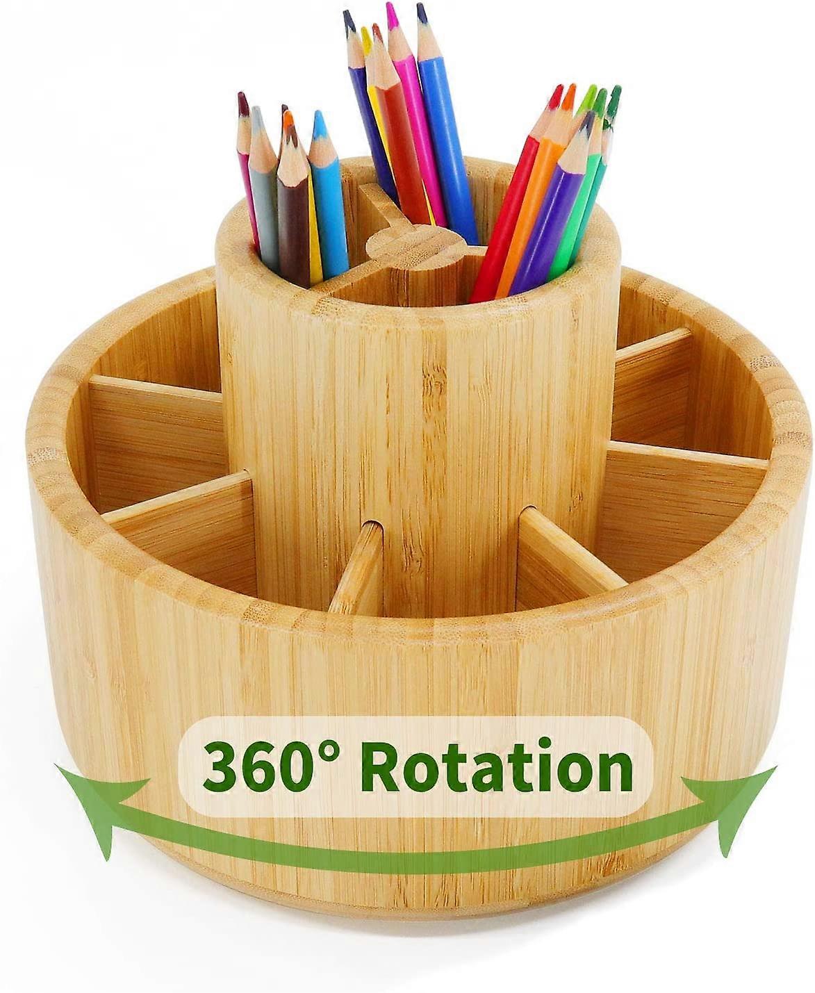 Bamboo Rotating Pencil Holder, Office Desk Art Supplies Organisers