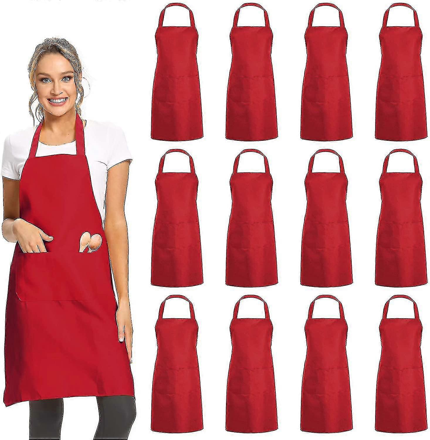 12 Pack Plain Bib Aprons With 2 Pockets - Unisex Apron Bulk