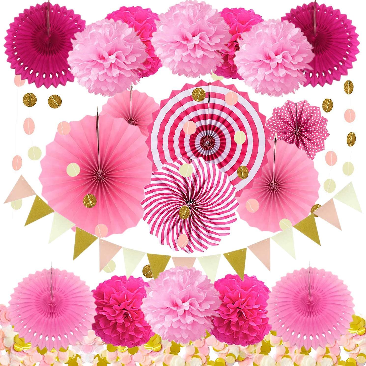 22-Pack Party Decoration Set with Hanging Paper Fans, Pom Poms Flowers, Triangle Bunting Flags, Garlands String Polka Dot and Paper Confetti for Birth