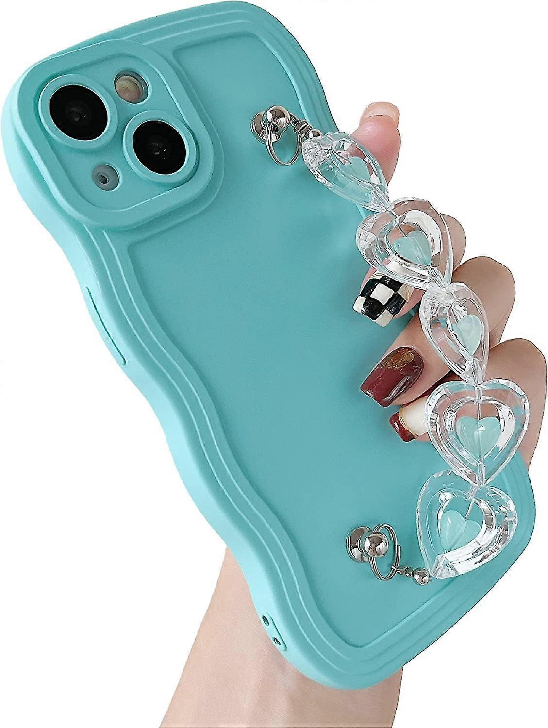 Love Heart Curly Wave Frame Wrist Strap Chain Bracelet Soft Compatible with iPhone Case (White,iPhone 13)