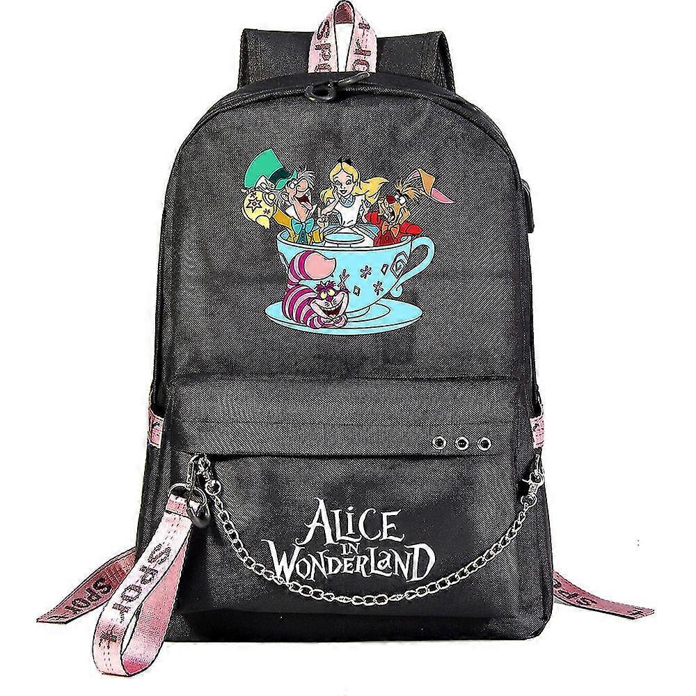 Alice In Wonderland Backpack για παιδιά, αγόρια, κορίτσια, γυναίκες και άνδρες Τσάντα σχολικών βιβλίων καμβά με θύρα φόρτισης USB και αλυσίδα Σάκος lap-top, τσάντα βιβλίων