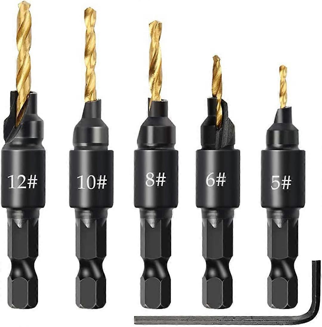 5 Piece Hex Shank Countersunk Twist Drill Bit Set, Hss Titanium Plated Wood Hole Opener