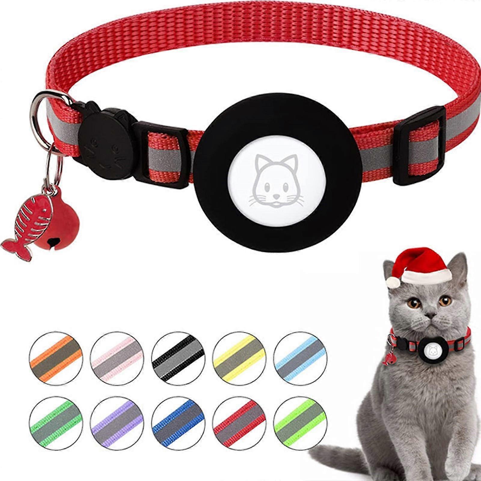 Adjustable Airtag Pet Cat Collars Gps Reflective Collar With Airtag Holder Breakaway Safety Buckle And Bell & Fishbone Pendant