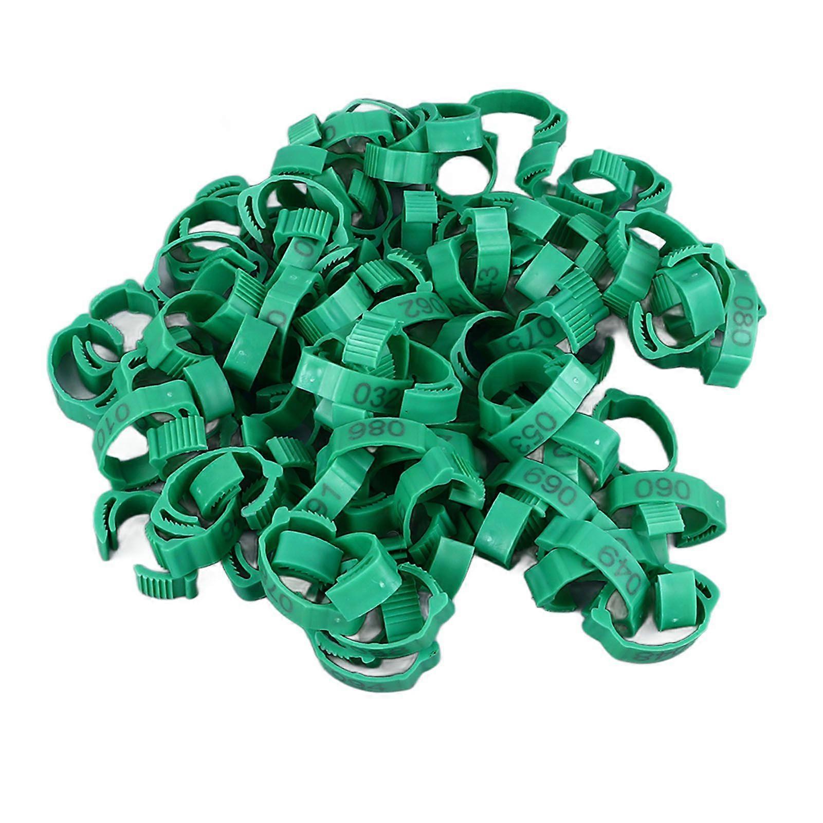 100Pcsチキンレッグリングクリップオン明るい色の頑丈なプラスチック番号付き家禽レッグバンド鳥用アヒルガチョウゲームファウル 100Pcs番号付きグリーンリング