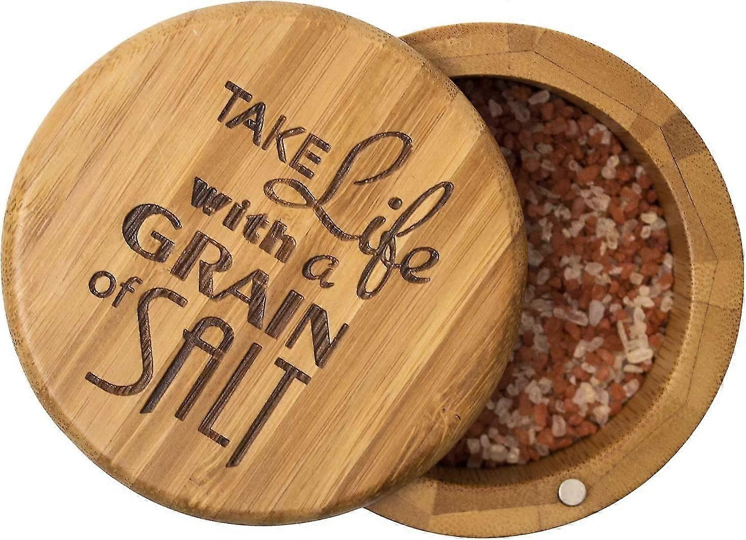 Totally Bamboo Salt Box Bamboo Storage Box, With Magnetic Swivel Lid,"take Life With A Grain Of Salt" Permanently Engraved On Lid,4003