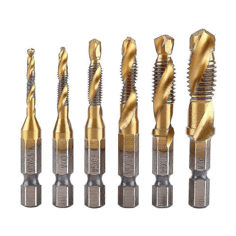 6pcs Hex Shank Drill Bit Set 1/4inch Hss Hex Tap Screw Self Tapping For M3-m10 Metric Thread, Titanium Plated Hss Hex Shank