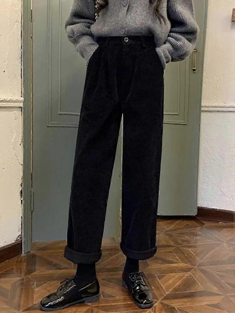 Causal Pockets All Match Female Korean Pants Vintage Corduroy Pants High Waist Spring Straight Trousers